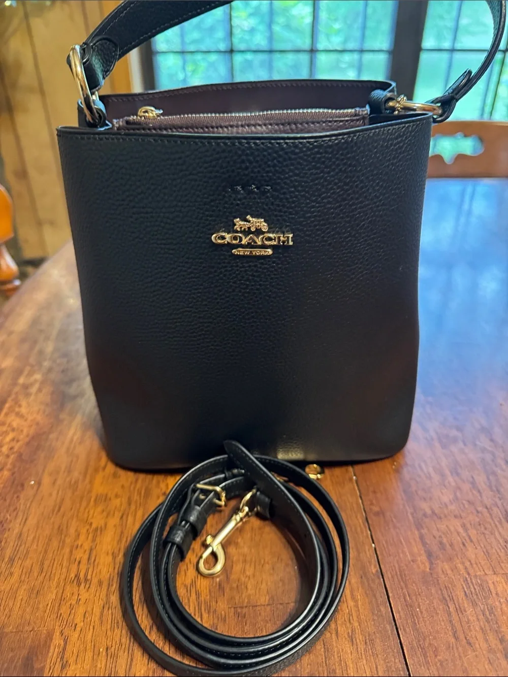 Coach Black Pebble Leather Crossbody Bucket Bag with Gold Hardware